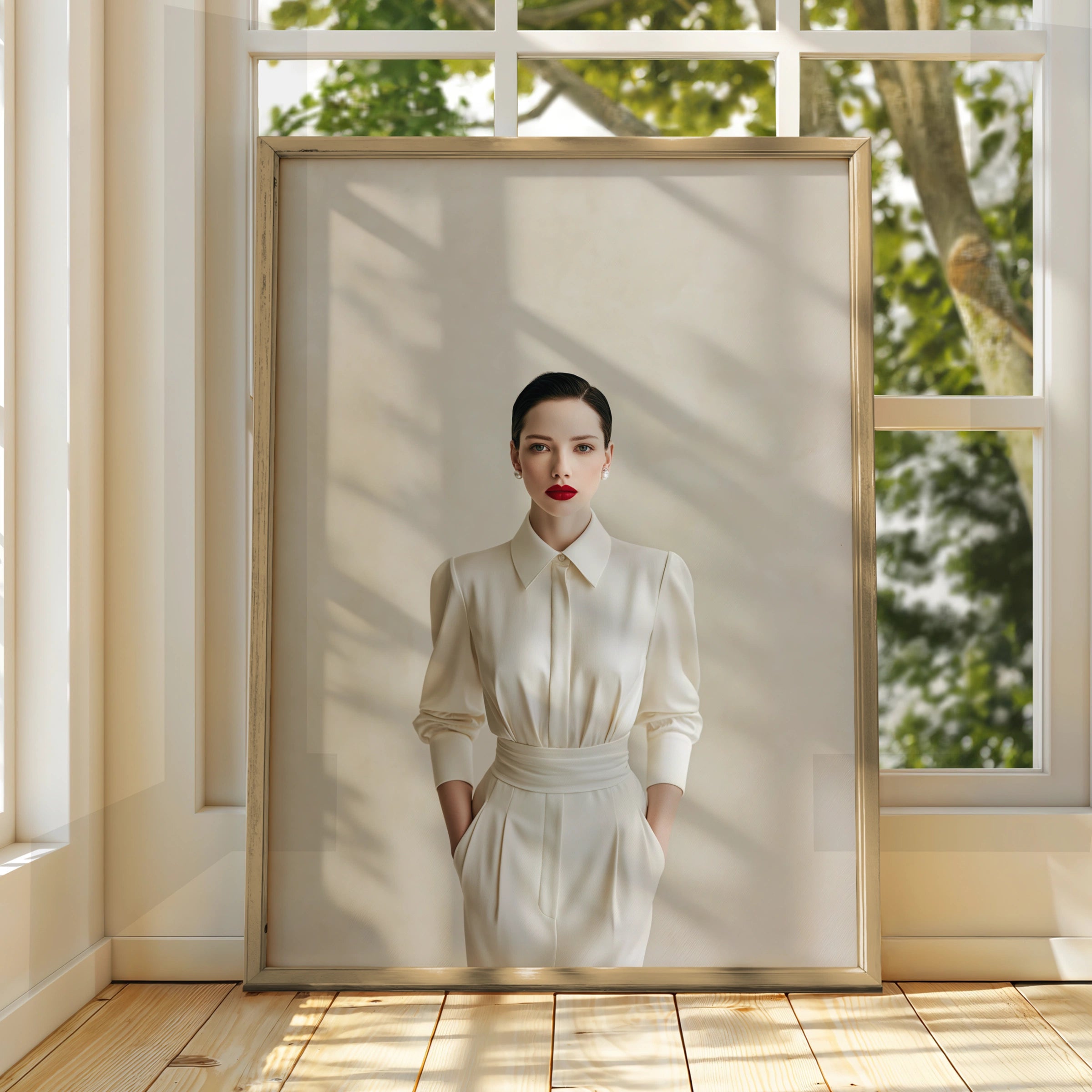 Elegant Woman White Pantsuit Poster, Minimalist Fashion Wall Art Print