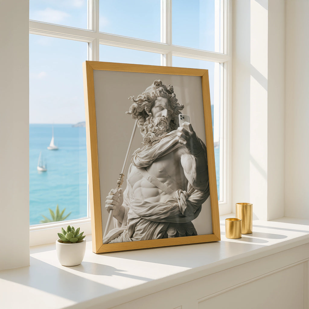 Greek God Selfie Poster, Marble Statue Wall Art, Funny Classical Print