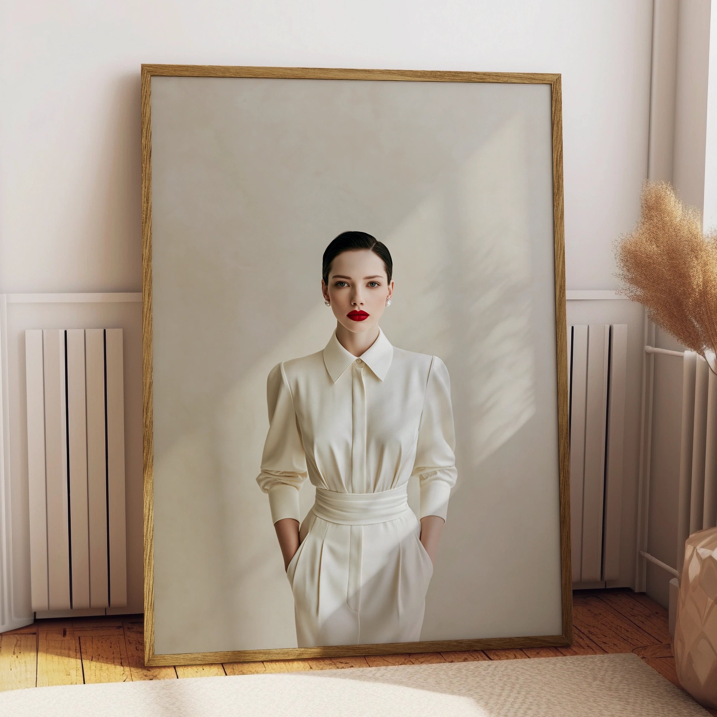 Elegant Woman White Pantsuit Poster, Minimalist Fashion Wall Art Print