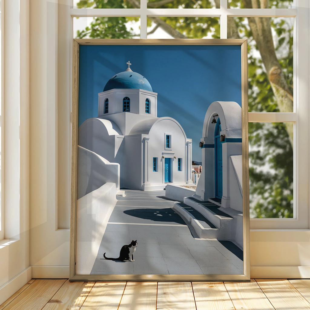 Santorini Cat Poster, Greek Blue Dome Church, Mediterranean Travel Wall Art