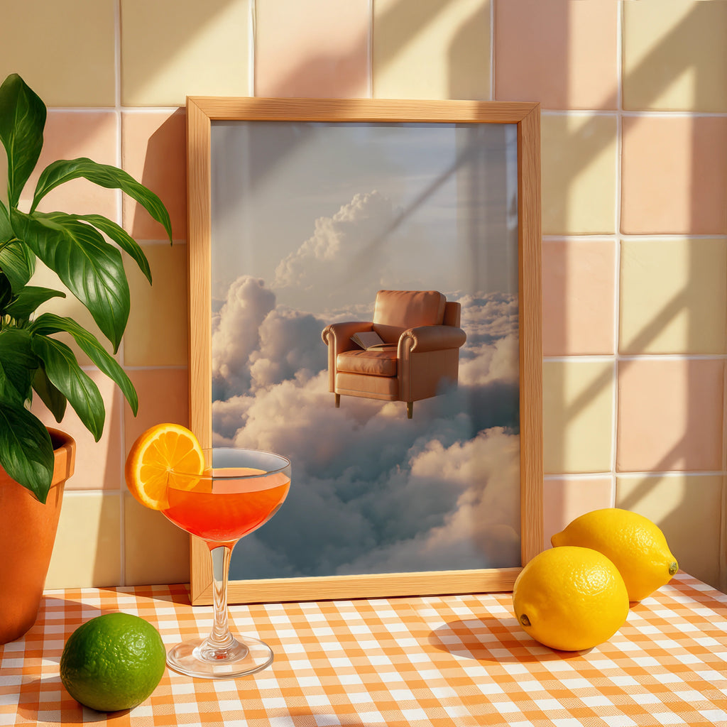 Armchair in the Clouds Poster, Surreal Sky Art Print, Dreamy Tan Leather