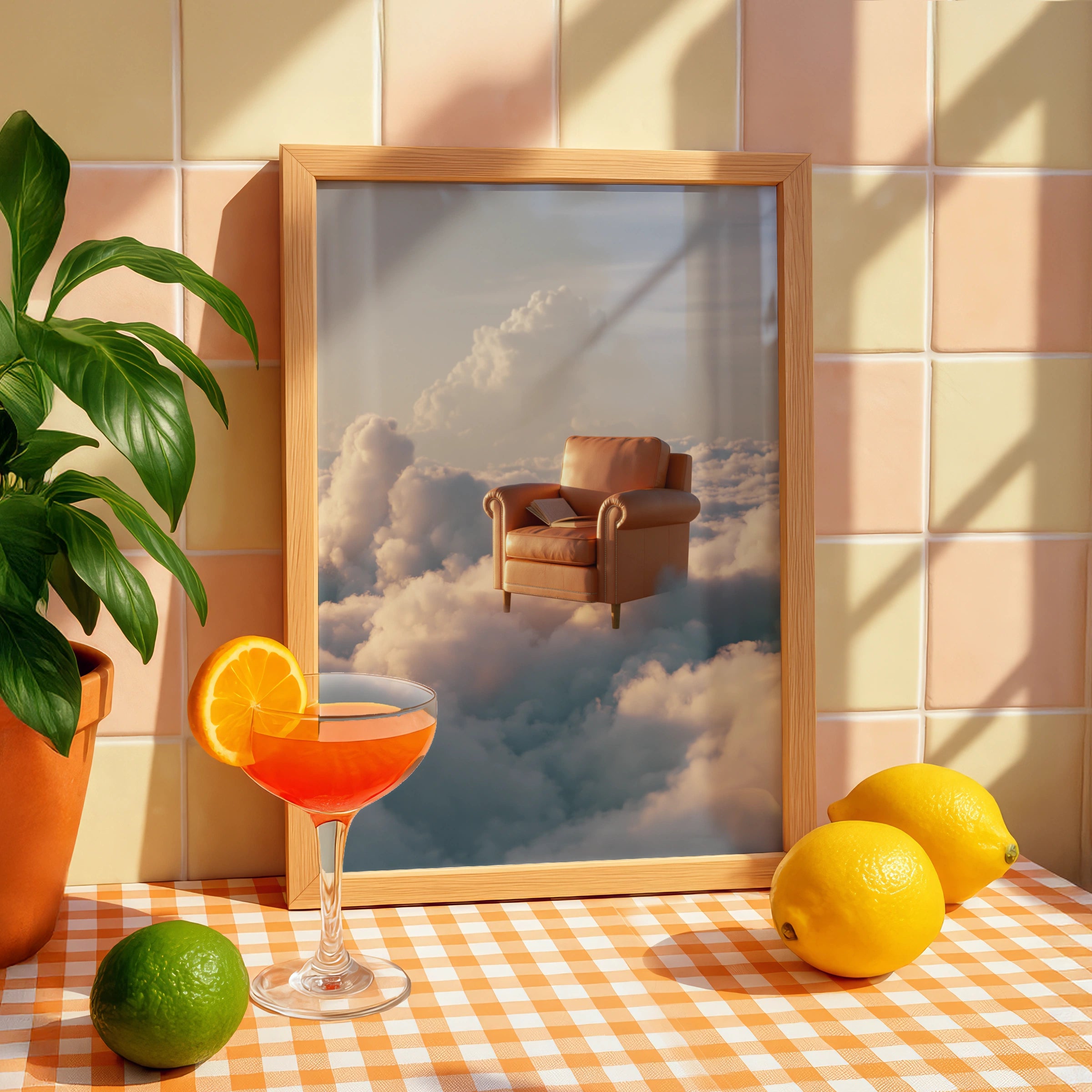Armchair in the Clouds Poster, Surreal Sky Art Print, Dreamy Tan Leather