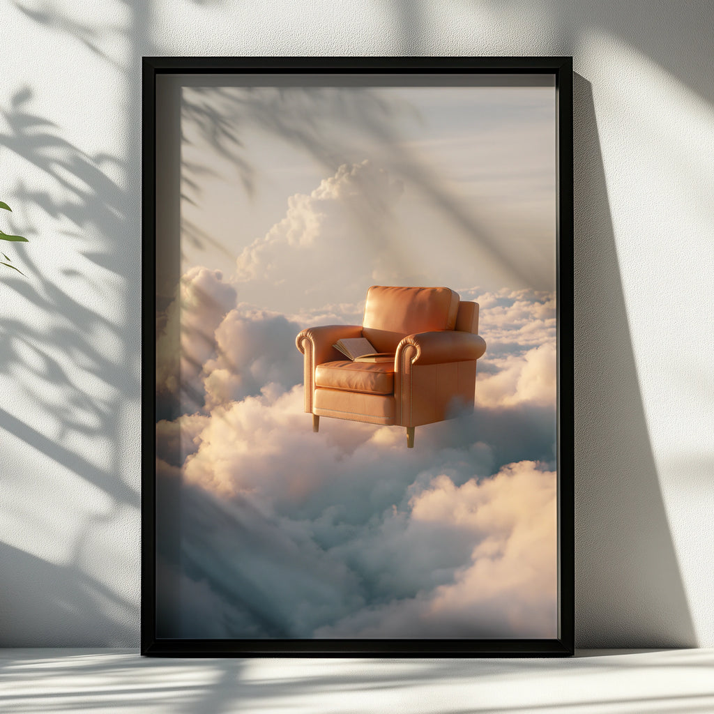 Armchair in the Clouds Poster, Surreal Sky Art Print, Dreamy Tan Leather