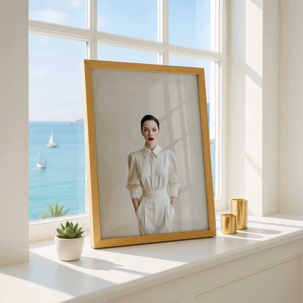 Elegant Woman White Pantsuit Poster, Minimalist Fashion Wall Art Print