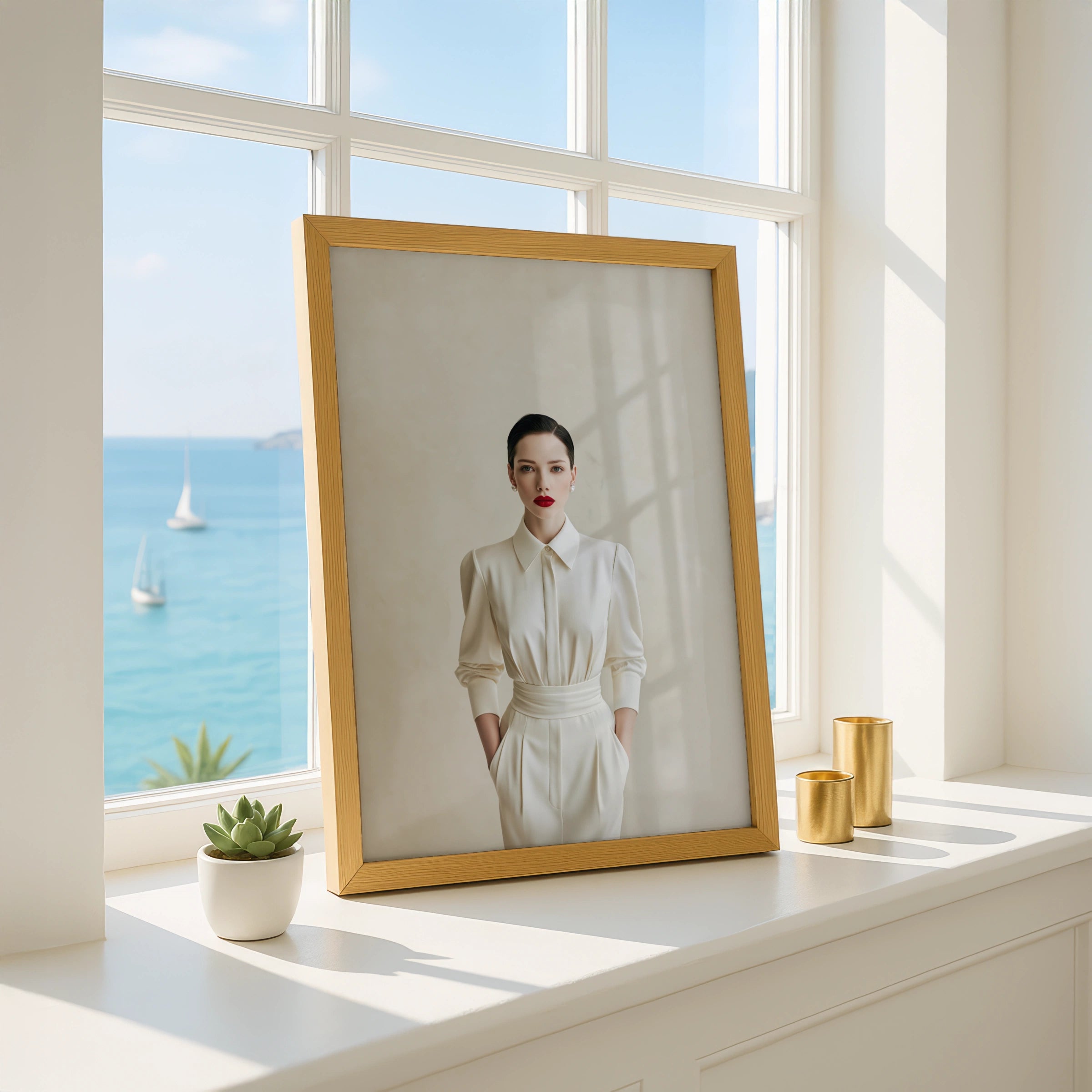 Elegant Woman White Pantsuit Poster, Minimalist Fashion Wall Art Print