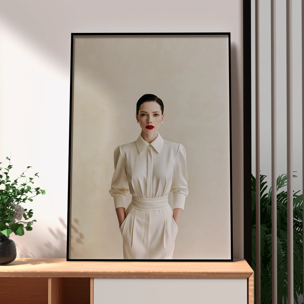 Elegant Woman White Pantsuit Poster, Minimalist Fashion Wall Art Print