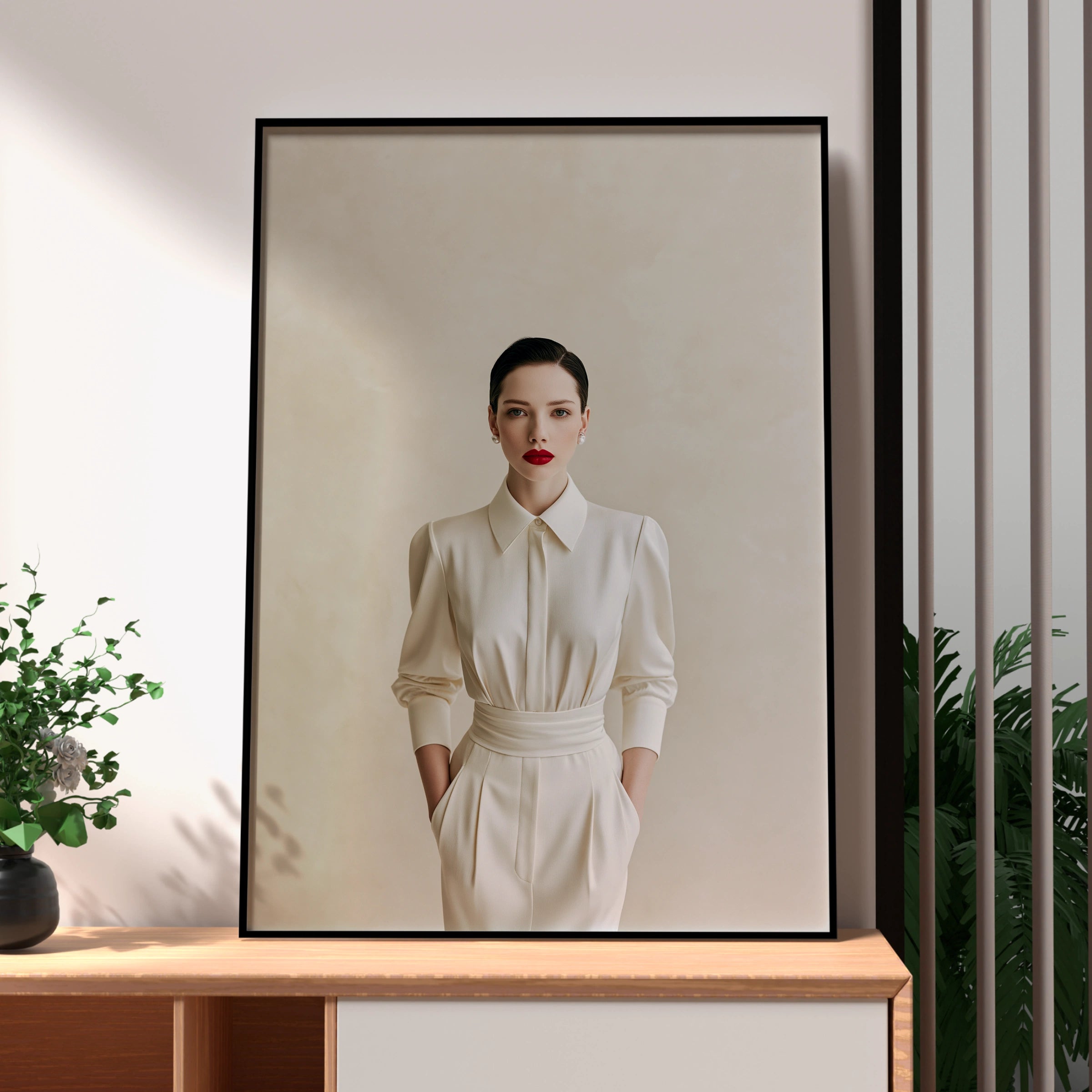 Elegant Woman White Pantsuit Poster, Minimalist Fashion Wall Art Print