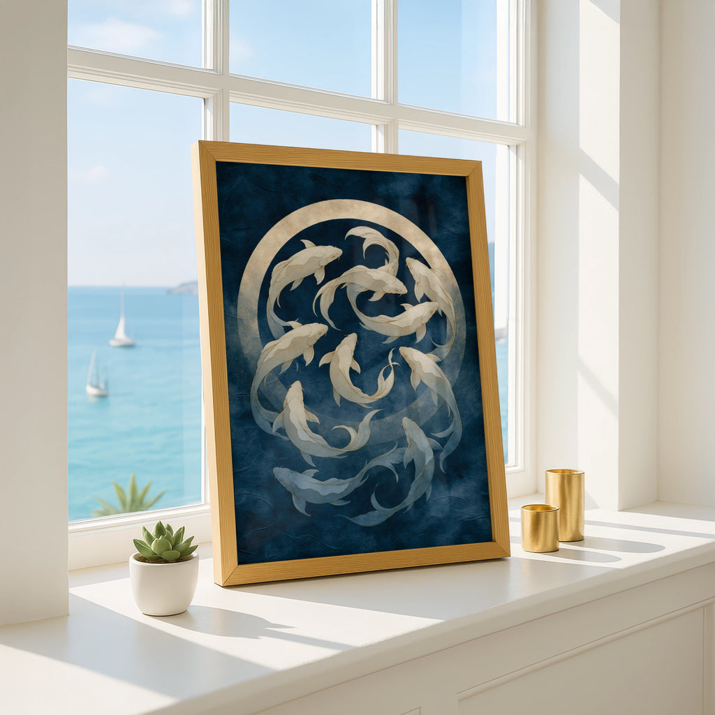 Koi Fish Moon Poster, Japanese Art Print, Navy Gold Wall Art