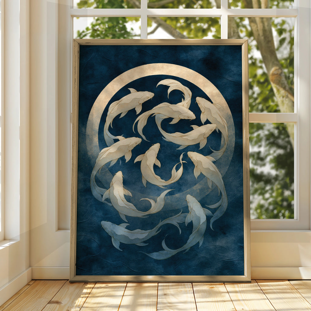 Koi Fish Moon Poster, Japanese Art Print, Navy Gold Wall Art