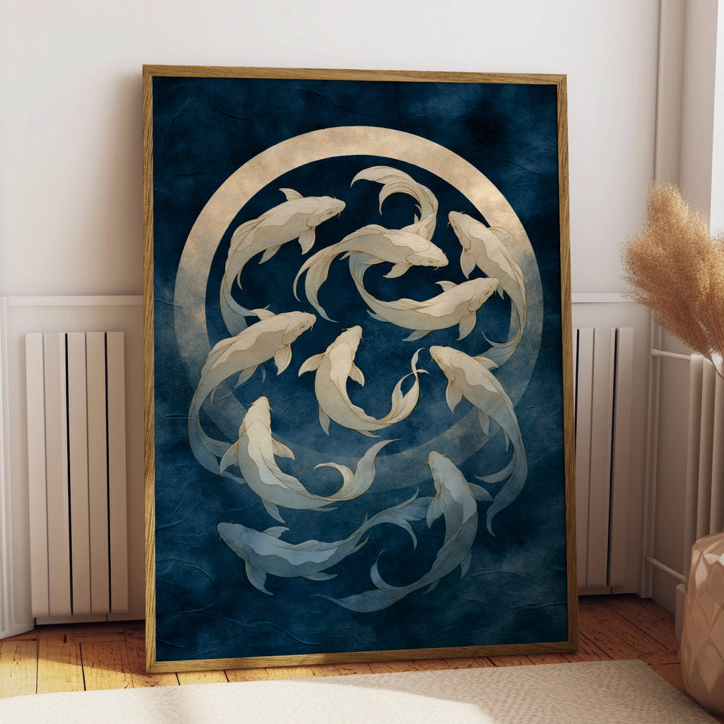 Koi Fish Moon Poster, Japanese Art Print, Navy Gold Wall Art