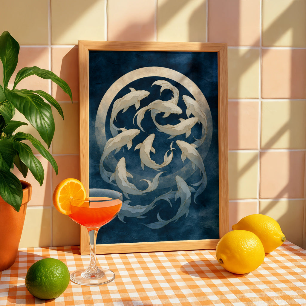 Koi Fish Moon Poster, Japanese Art Print, Navy Gold Wall Art