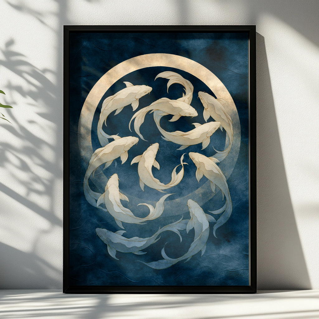 Koi Fish Moon Poster, Japanese Art Print, Navy Gold Wall Art