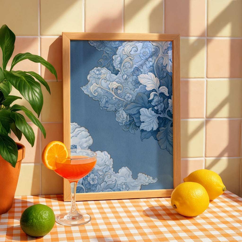 Baroque Clouds Floral Art Print, Blue White Ornate Wall Poster, Celestial Style