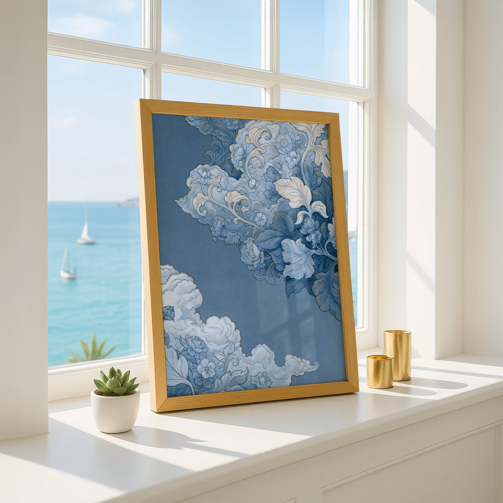 Baroque Clouds Floral Art Print, Blue White Ornate Wall Poster, Celestial Style