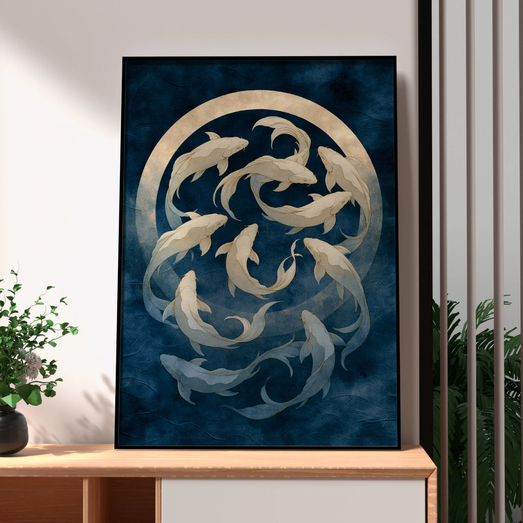 Koi Fish Moon Poster, Japanese Art Print, Navy Gold Wall Art