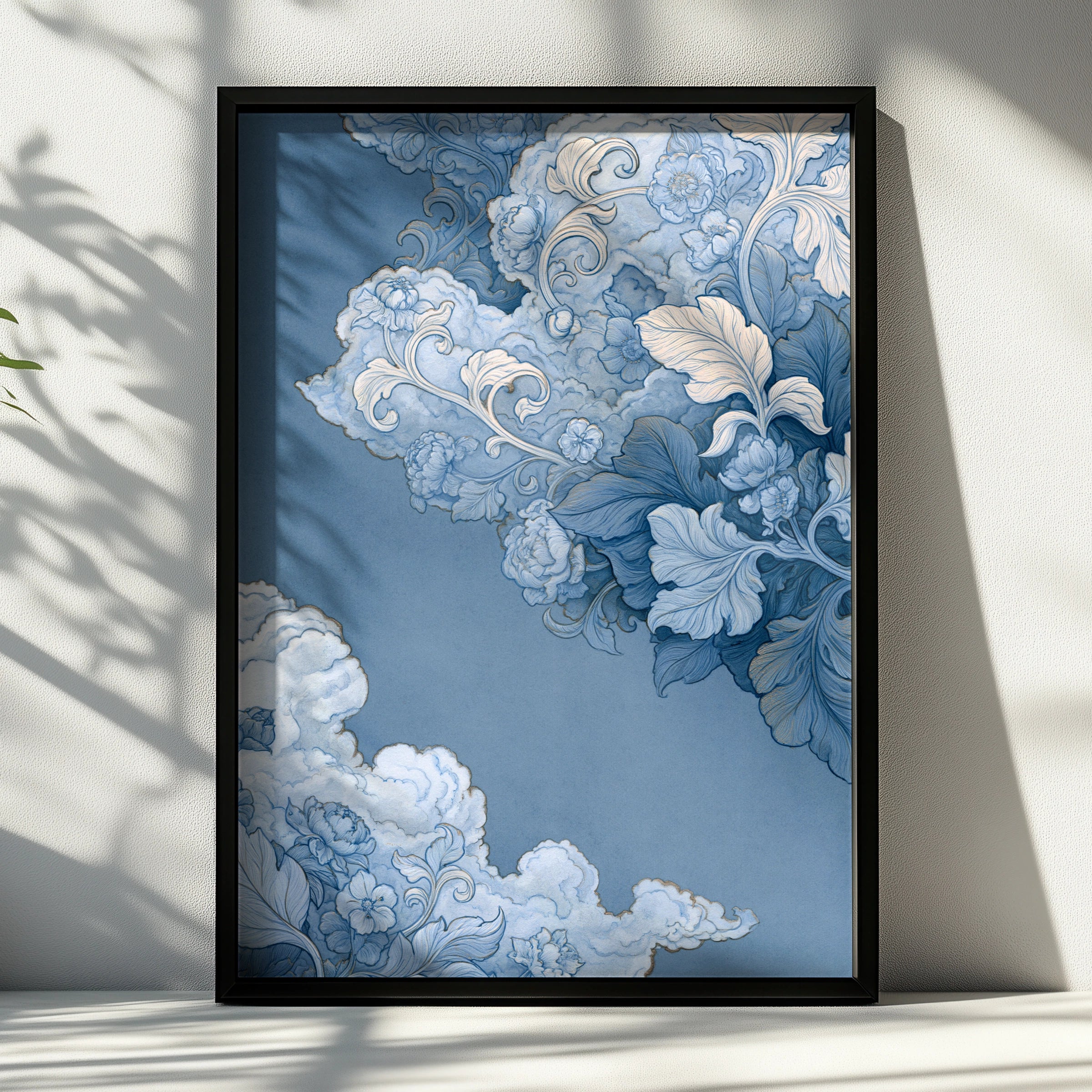 Baroque Clouds Floral Art Print, Blue White Ornate Wall Poster, Celestial Style