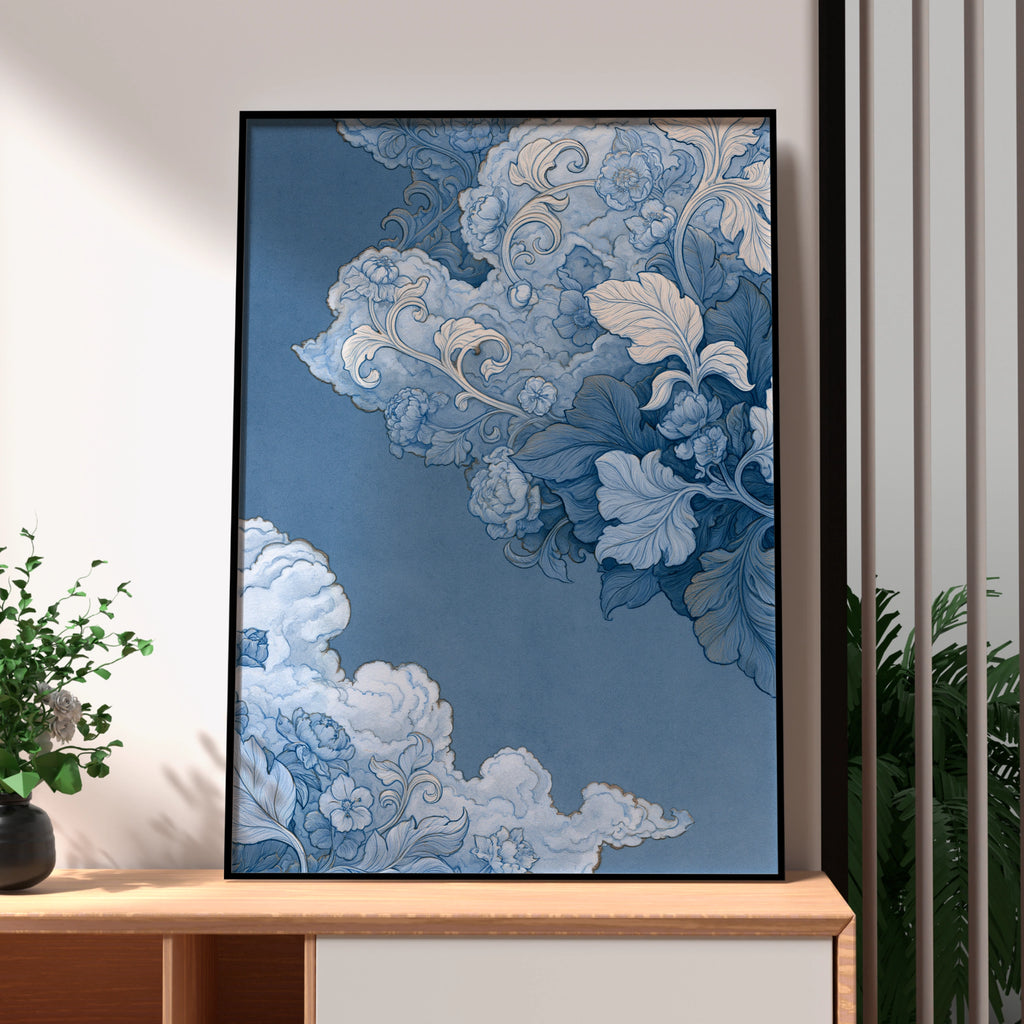 Baroque Clouds Floral Art Print, Blue White Ornate Wall Poster, Celestial Style