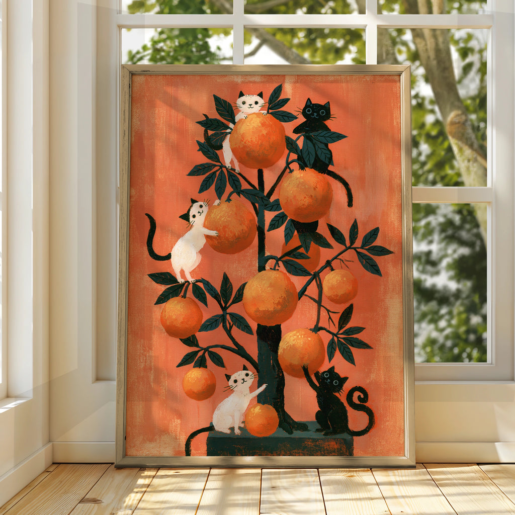 Cats in Orange Tree Poster, Whimsical Black White Cat Art Print