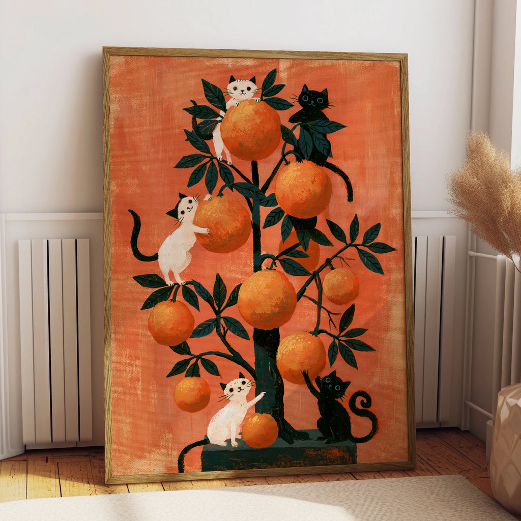 Cats in Orange Tree Poster, Whimsical Black White Cat Art Print