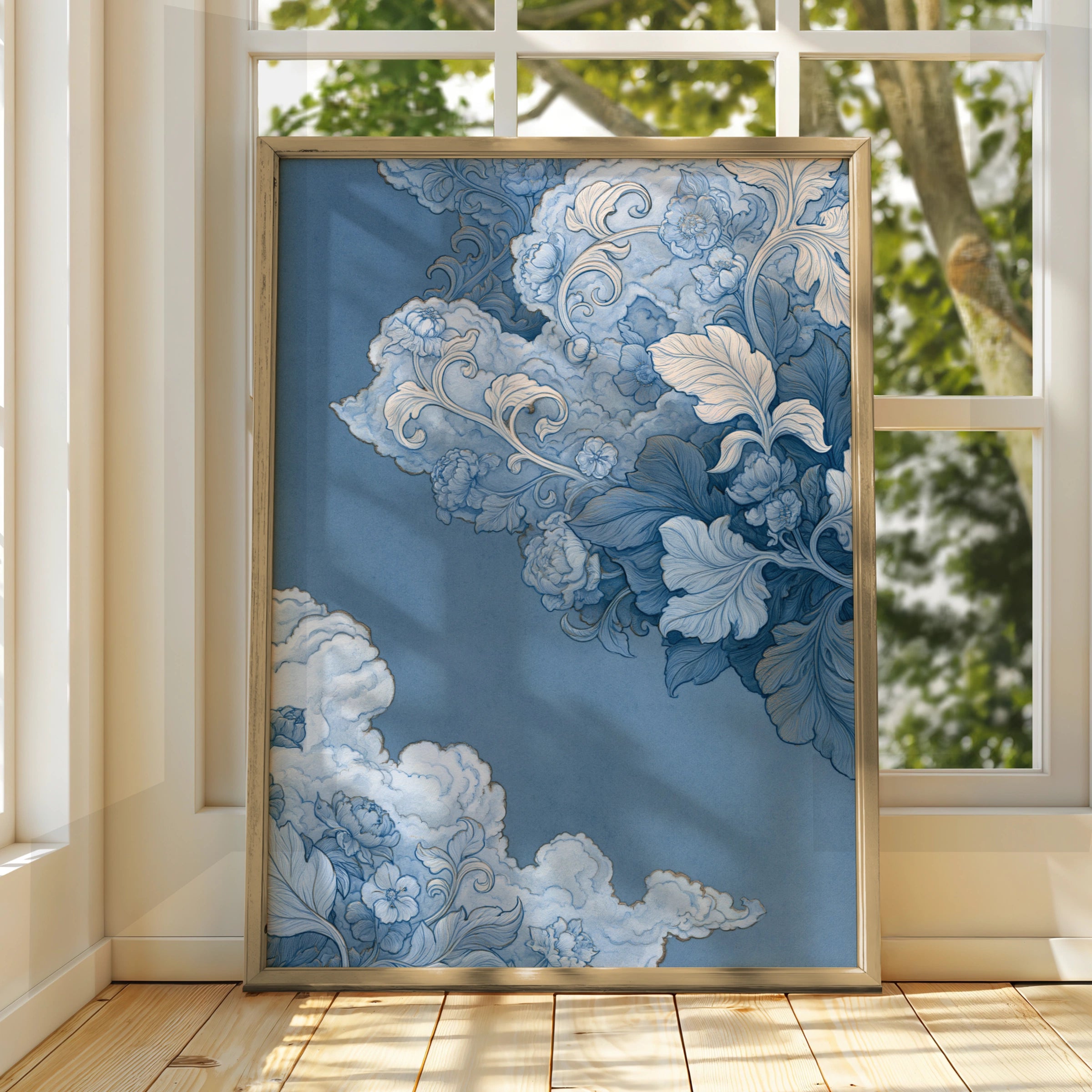 Baroque Clouds Floral Art Print, Blue White Ornate Wall Poster, Celestial Style