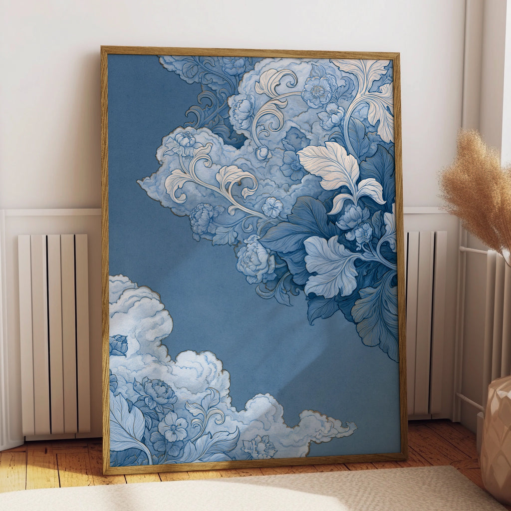 Baroque Clouds Floral Art Print, Blue White Ornate Wall Poster, Celestial Style