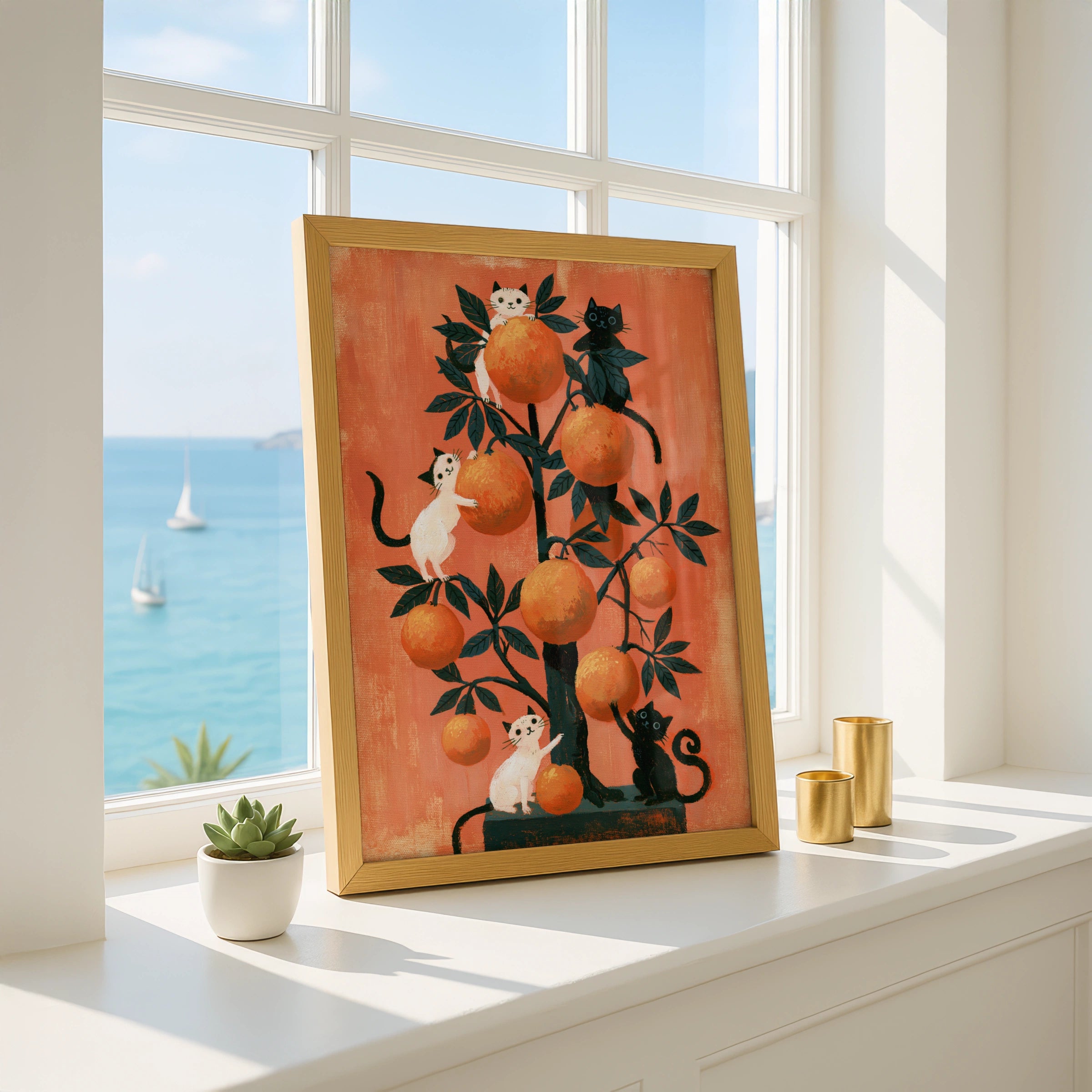Cats in Orange Tree Poster, Whimsical Black White Cat Art Print