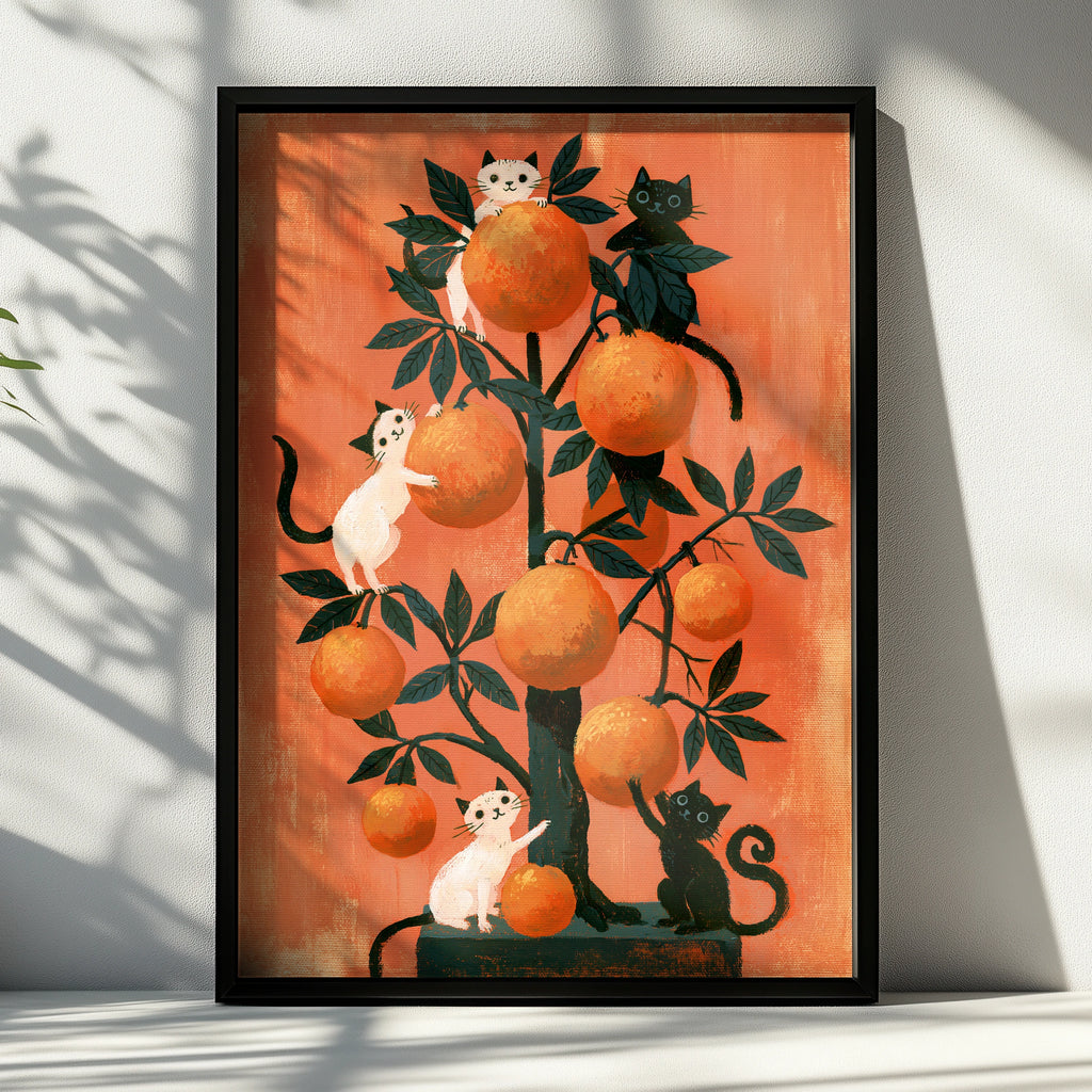Cats in Orange Tree Poster, Whimsical Black White Cat Art Print