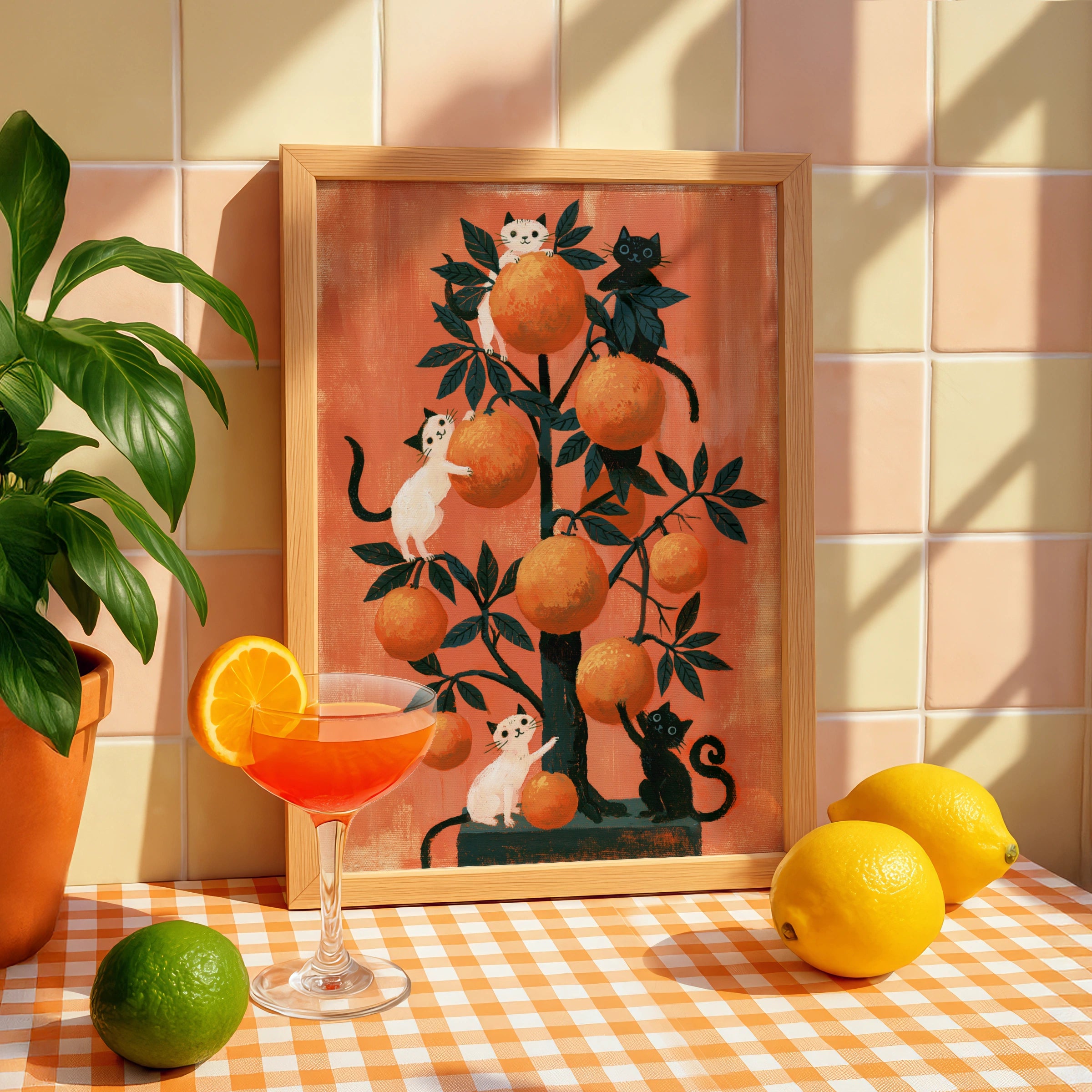 Cats in Orange Tree Poster, Whimsical Black White Cat Art Print