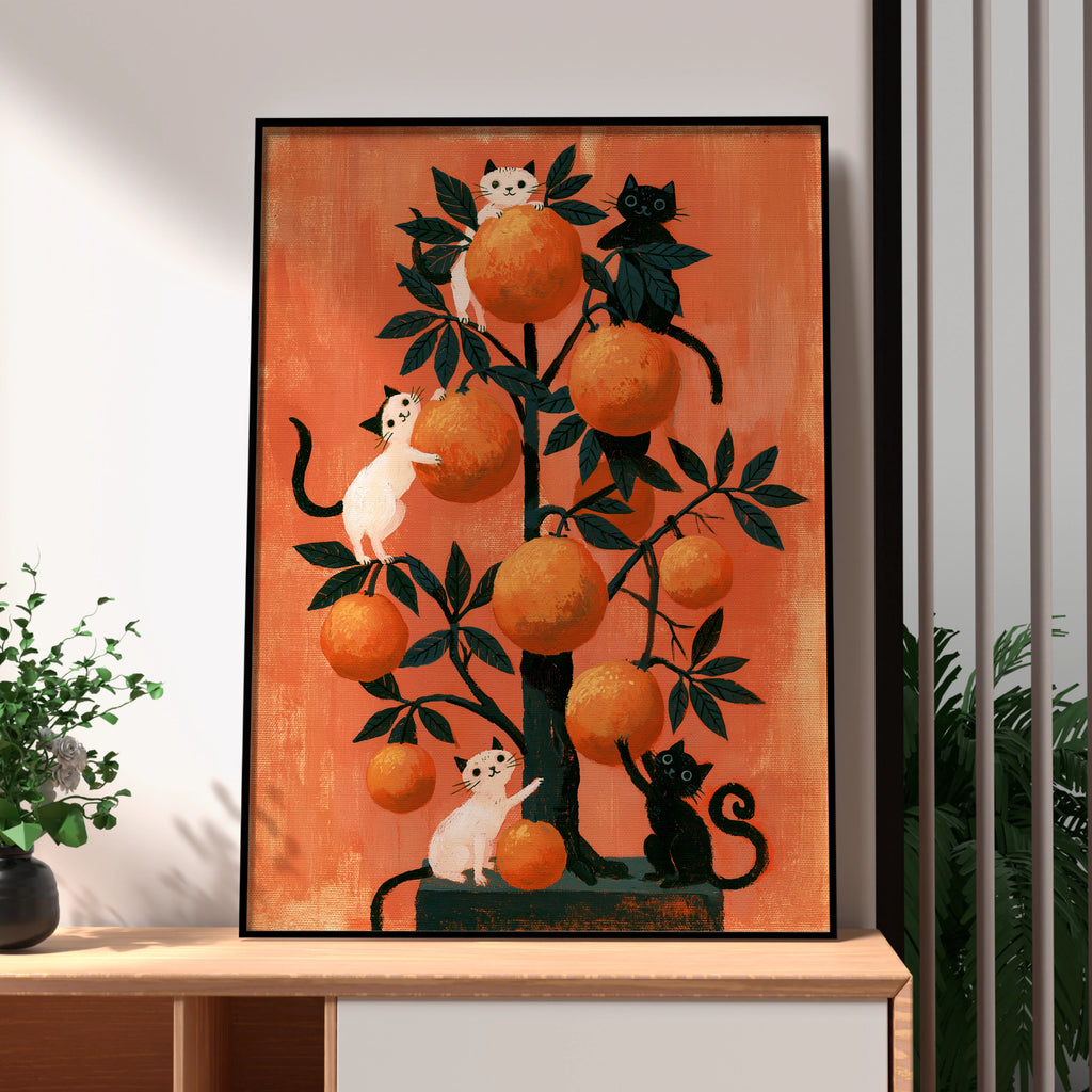 Cats in Orange Tree Poster, Whimsical Black White Cat Art Print