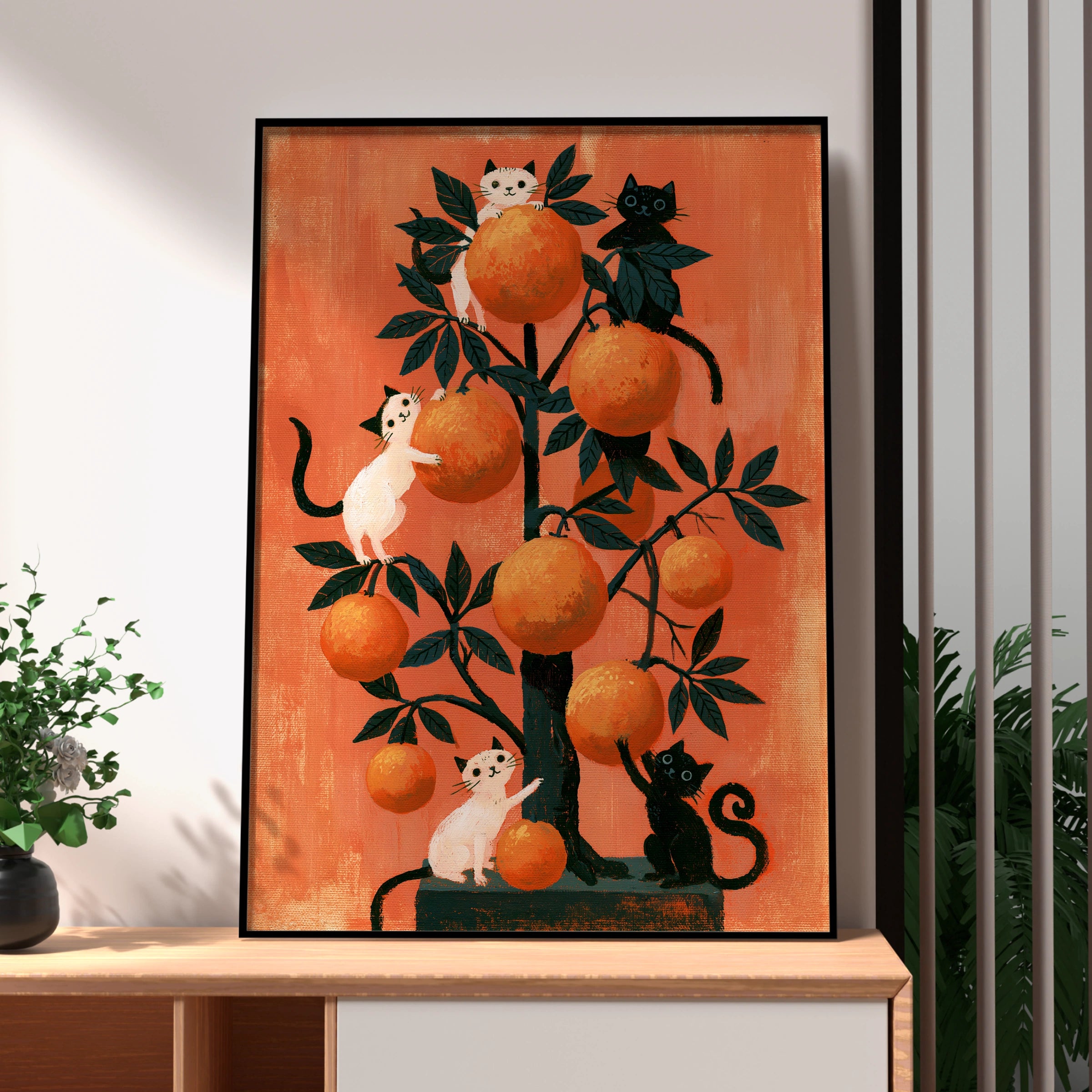 Cats in Orange Tree Poster, Whimsical Black White Cat Art Print