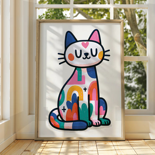 Colourful Trippy Cat Poster, Cute Psychedelic Cat Wall Art, Bold Retro Print