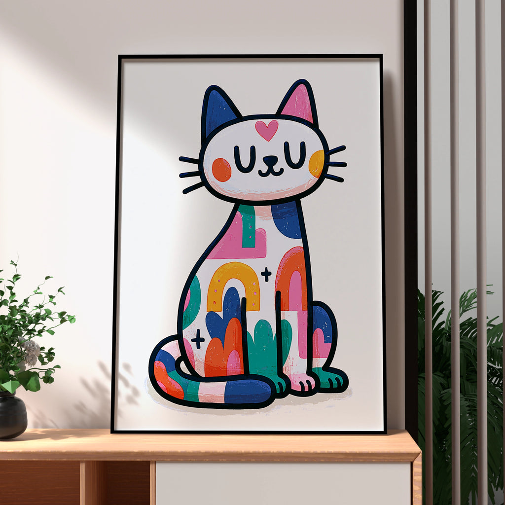Colourful Trippy Cat Poster, Cute Psychedelic Cat Wall Art, Bold Retro Print