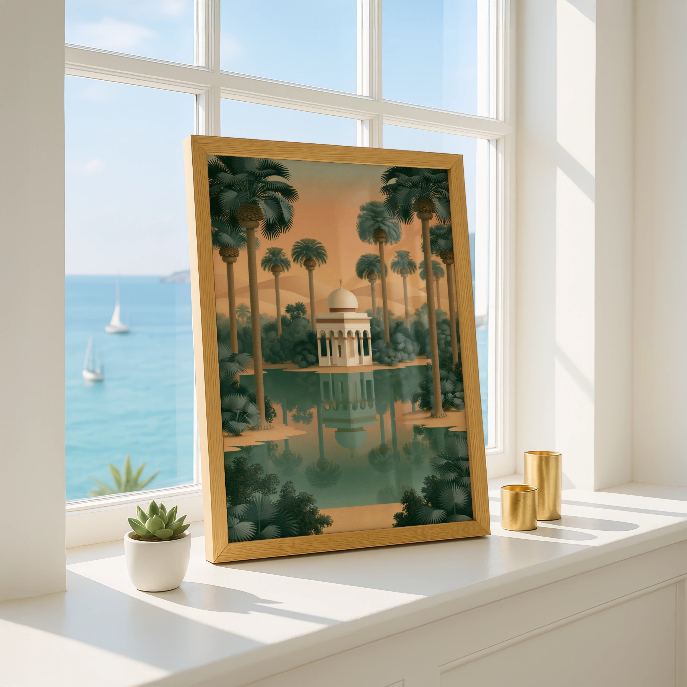 Indian Oasis Pavilion Wall Art Poster, Desert Palm Tree Print, Minimalist