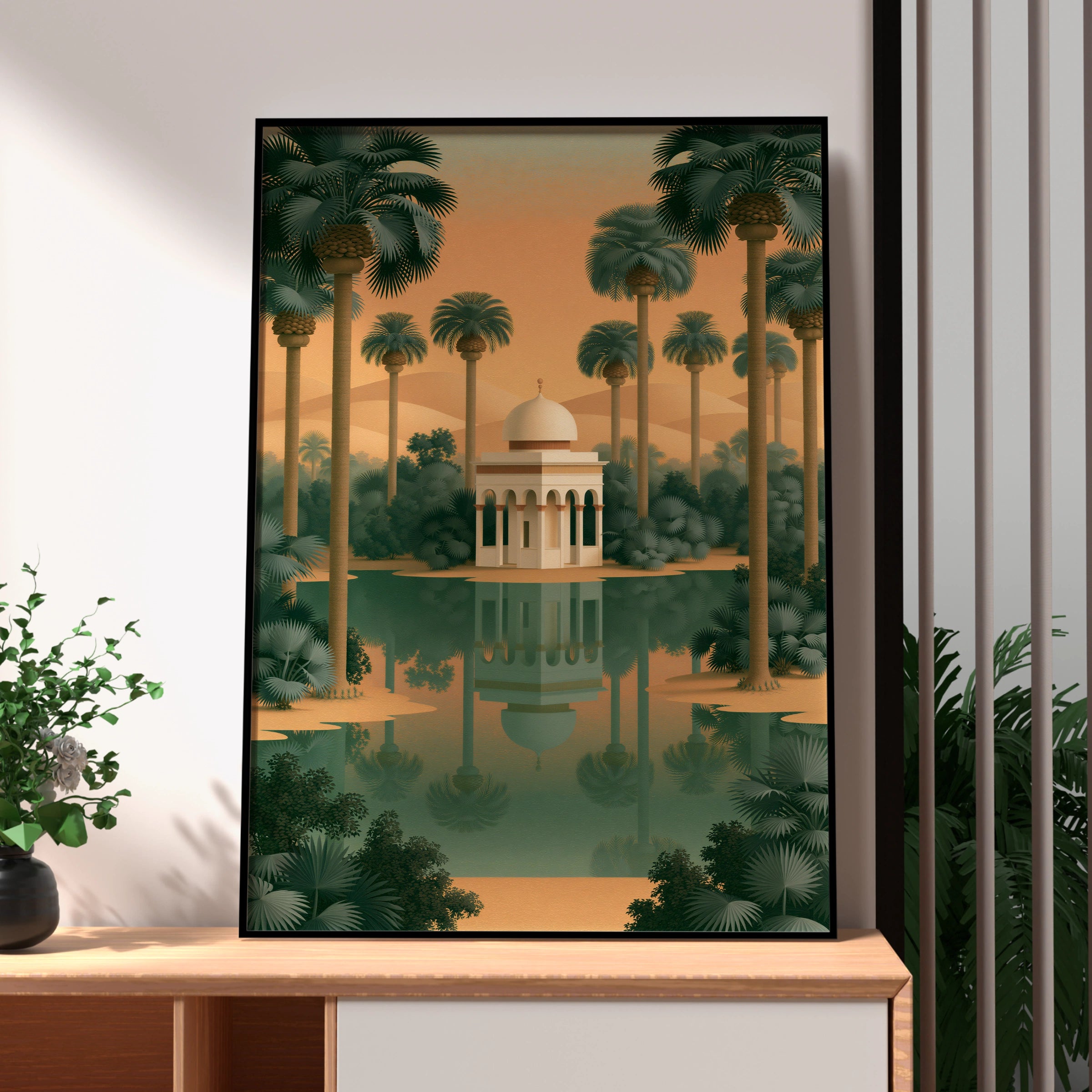 Indian Oasis Pavilion Wall Art Poster, Desert Palm Tree Print, Minimalist
