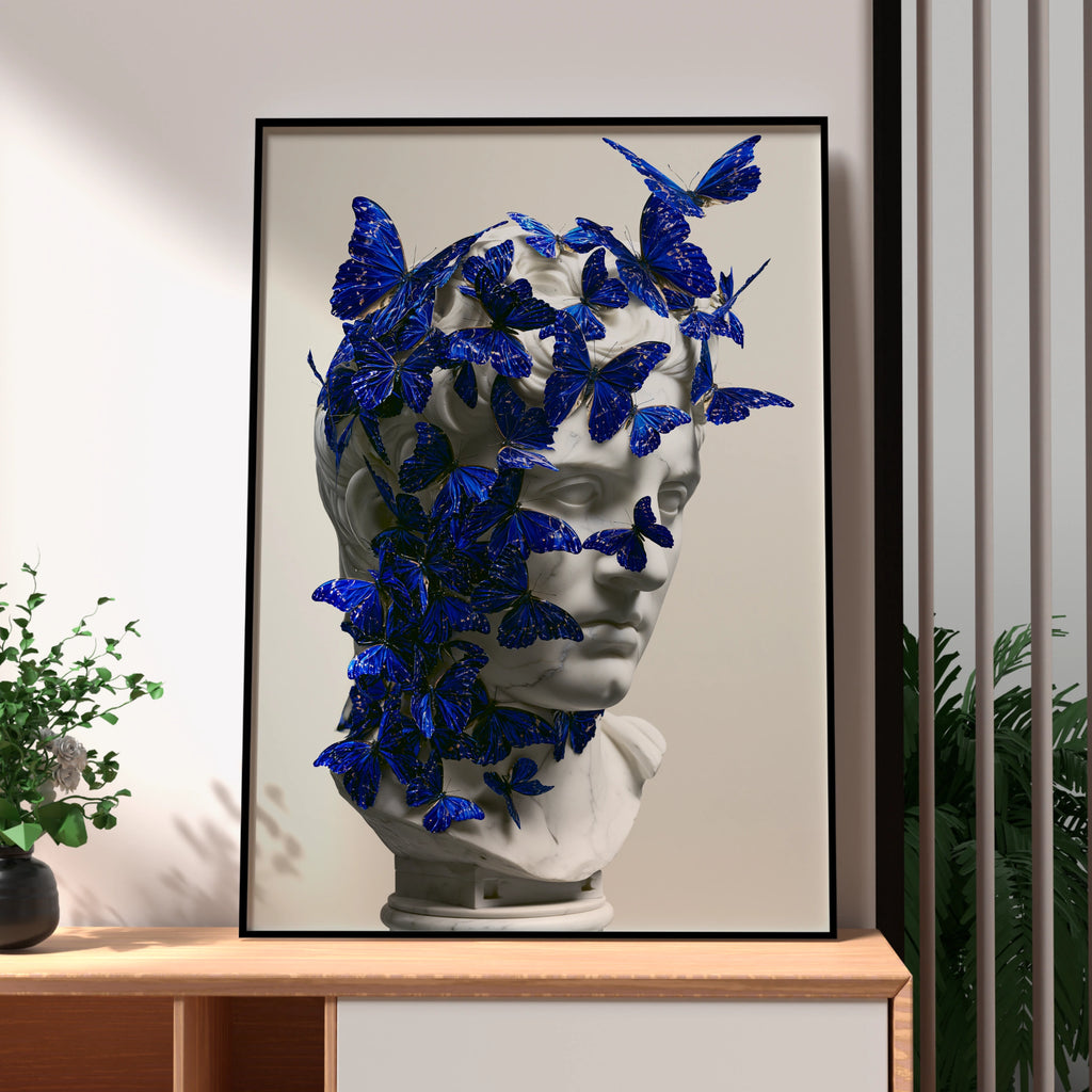 Roman Bust Blue Butterflies Poster, Classical Sculpture Wall Art Print