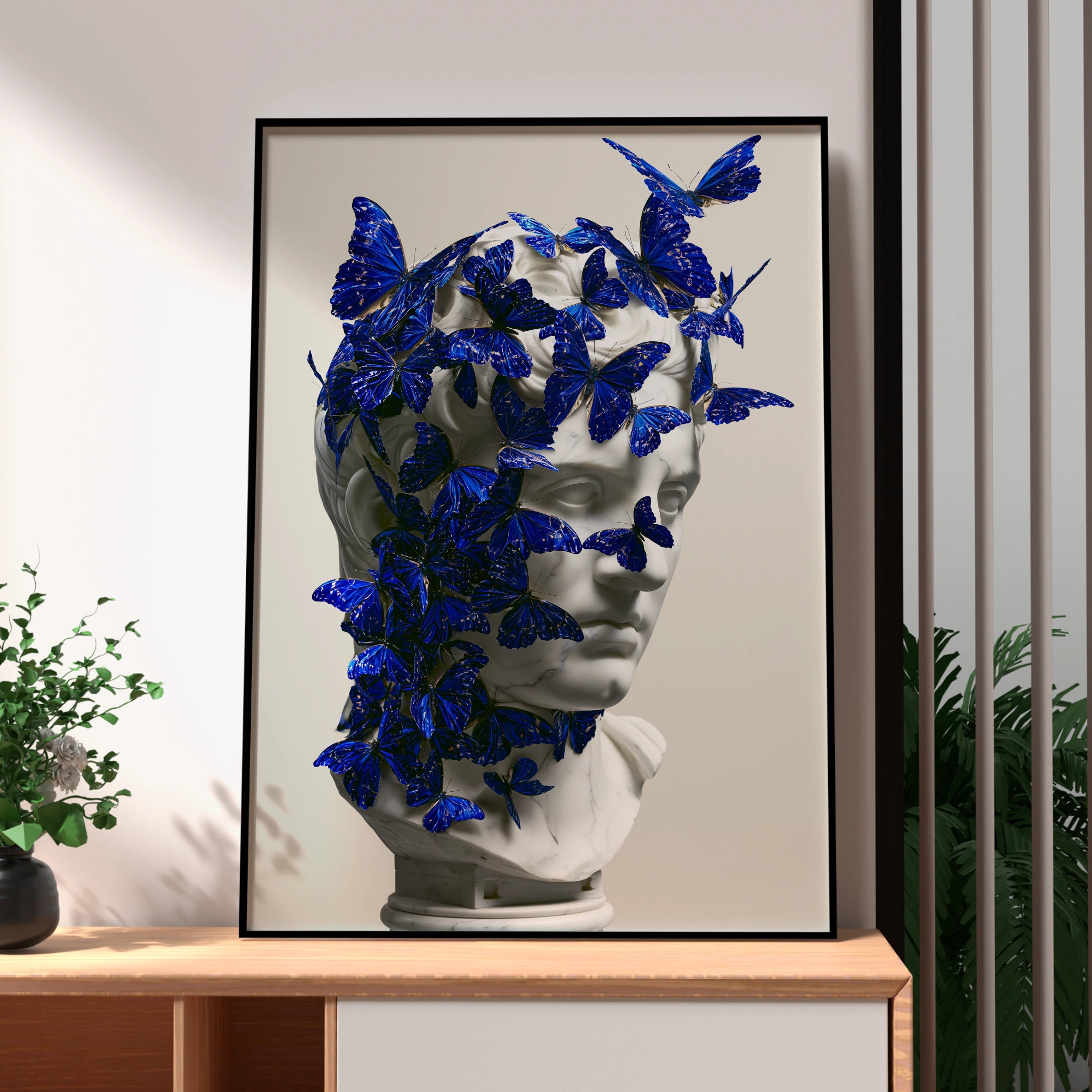 Roman Bust Blue Butterflies Poster, Classical Sculpture Wall Art Print