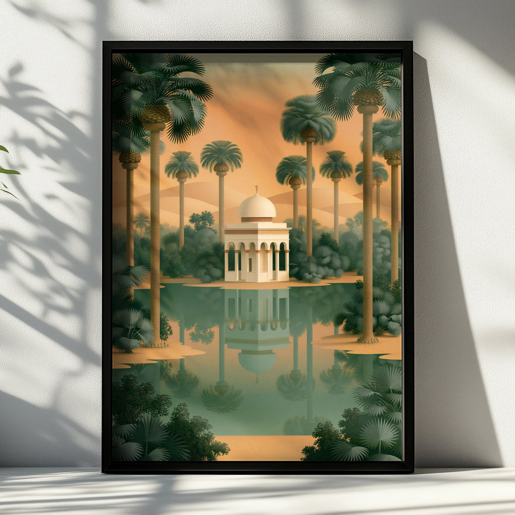 Indian Oasis Pavilion Wall Art Poster, Desert Palm Tree Print, Minimalist