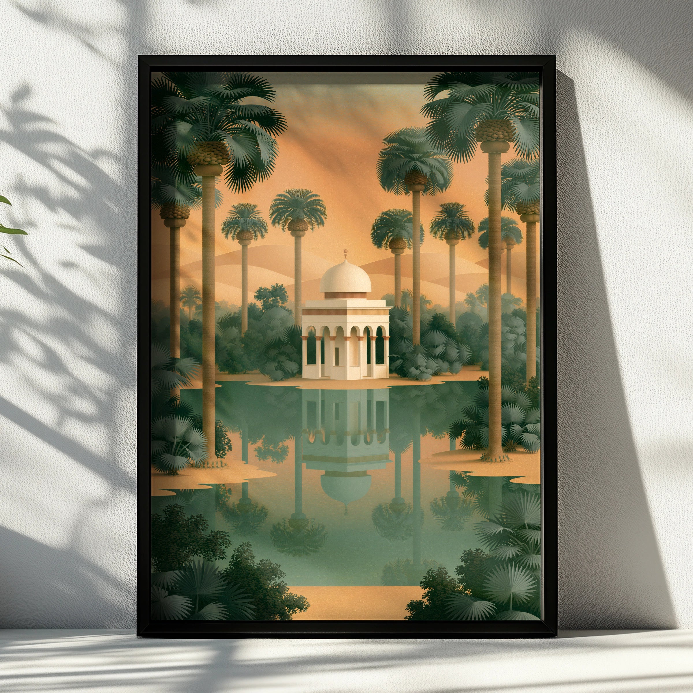 Indian Oasis Pavilion Wall Art Poster, Desert Palm Tree Print, Minimalist