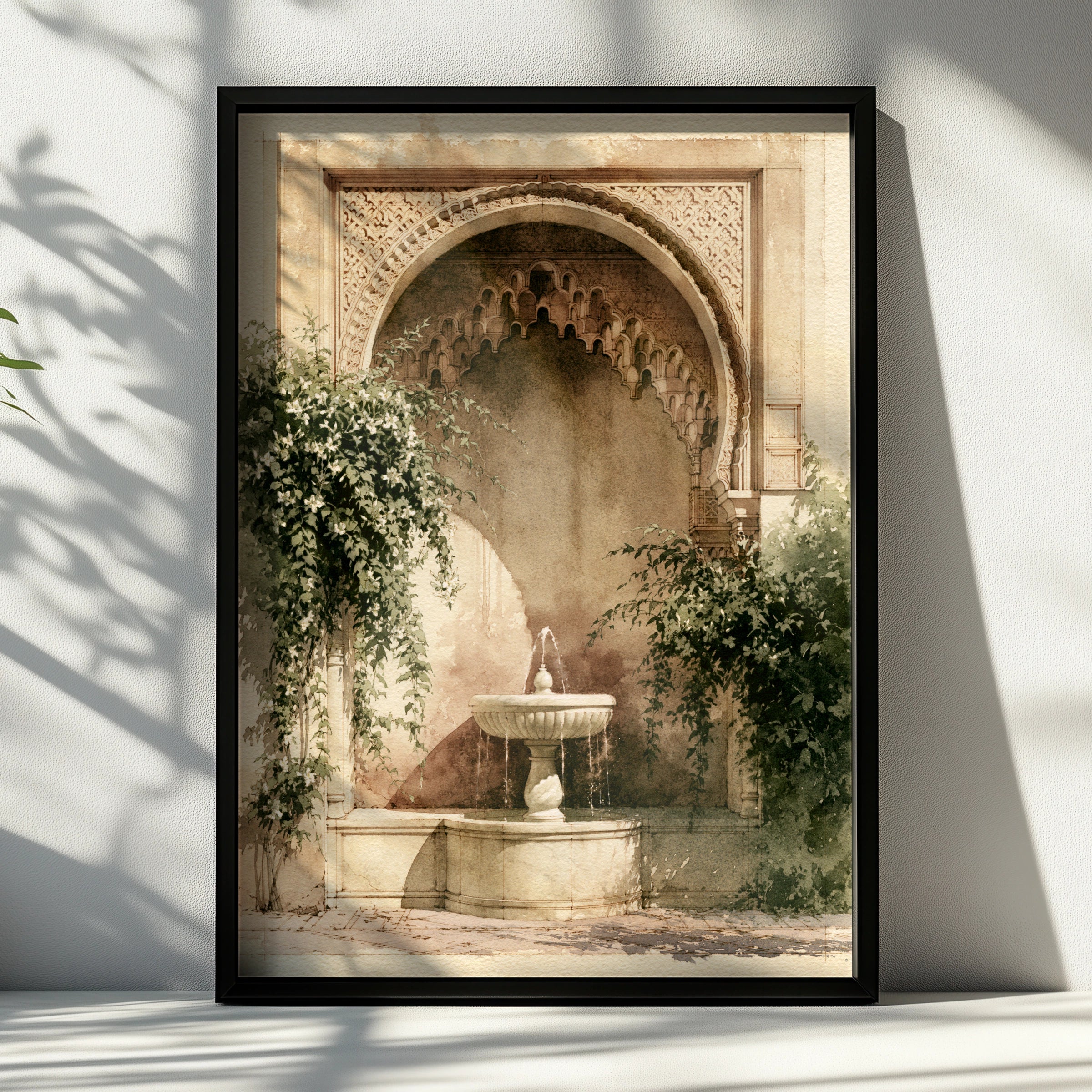 Moorish Courtyard Fountain Poster, Arabic Arch Wall Art, Watercolour Style