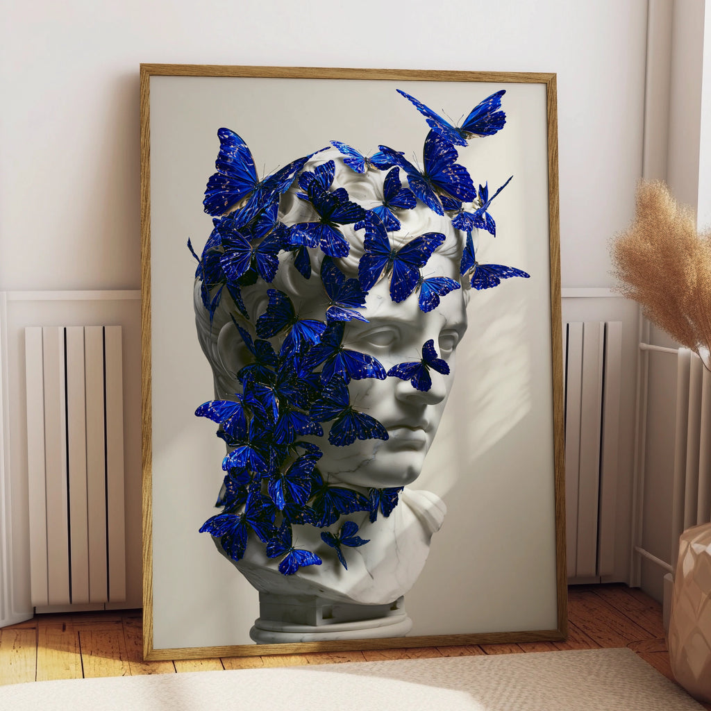 Roman Bust Blue Butterflies Poster, Classical Sculpture Wall Art Print