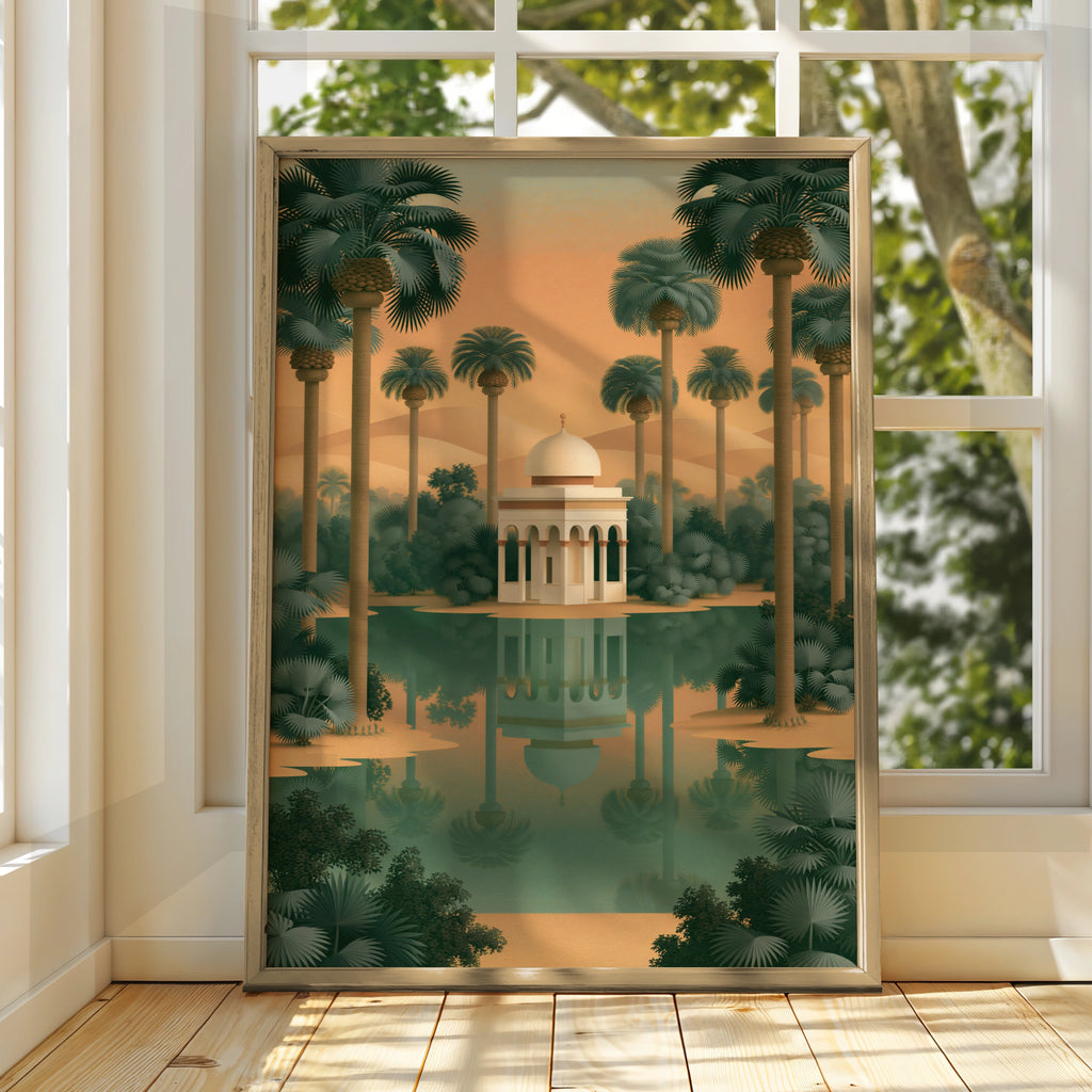 Indian Oasis Pavilion Wall Art Poster, Desert Palm Tree Print, Minimalist