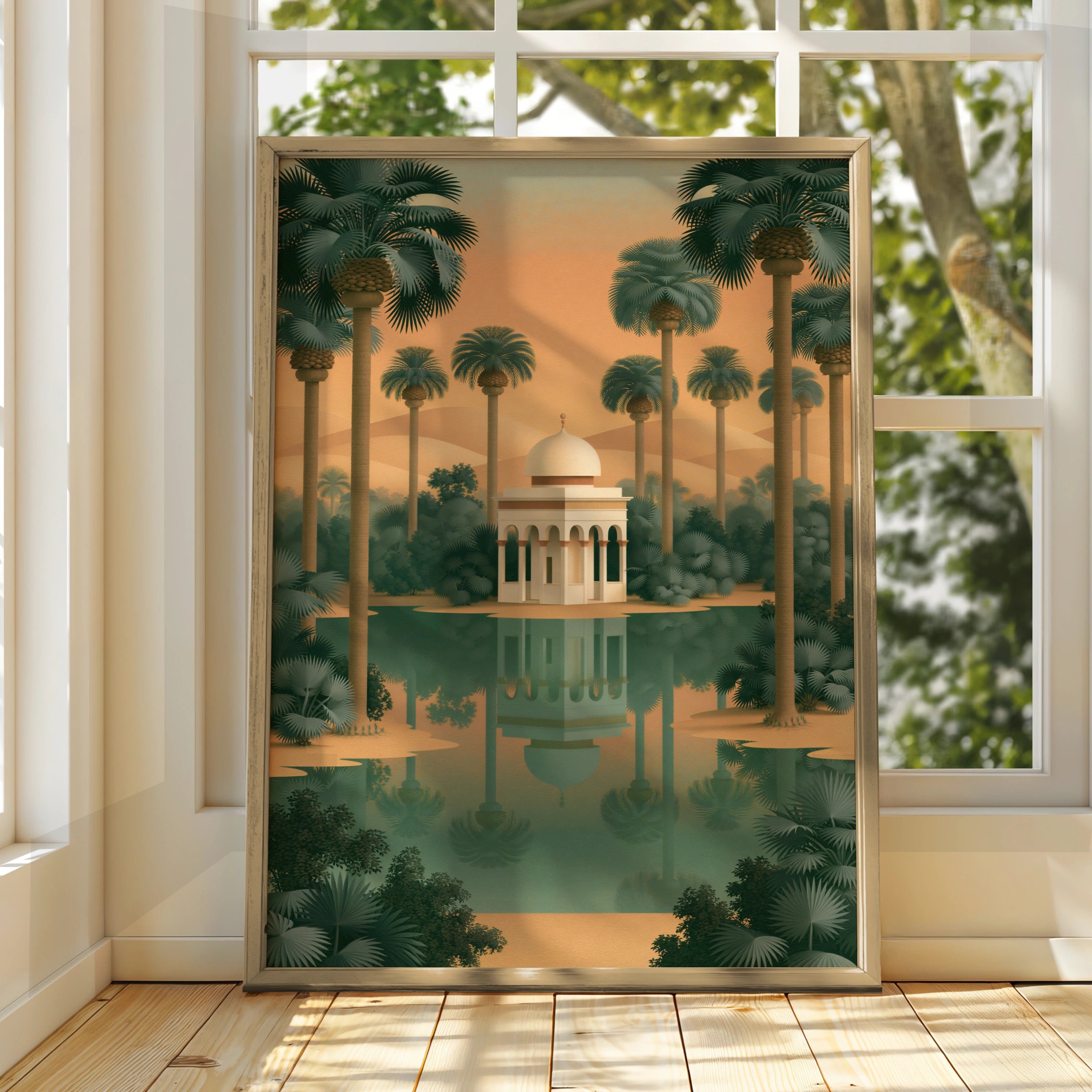 Indian Oasis Pavilion Wall Art Poster, Desert Palm Tree Print, Minimalist