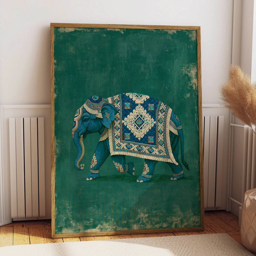 Decorated Elephant Procession Poster, Teal Blue Ornate Indian Art Print