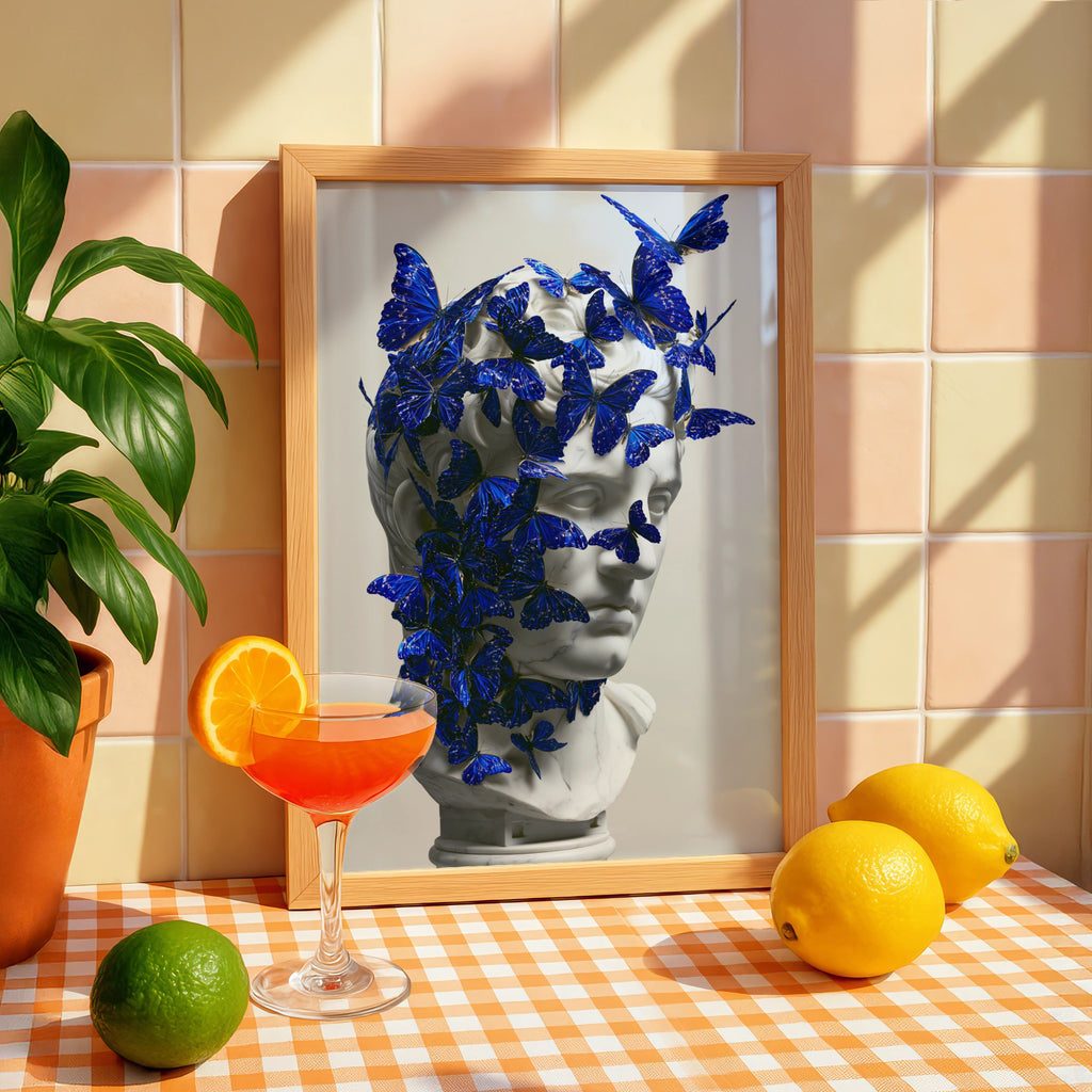 Roman Bust Blue Butterflies Poster, Classical Sculpture Wall Art Print