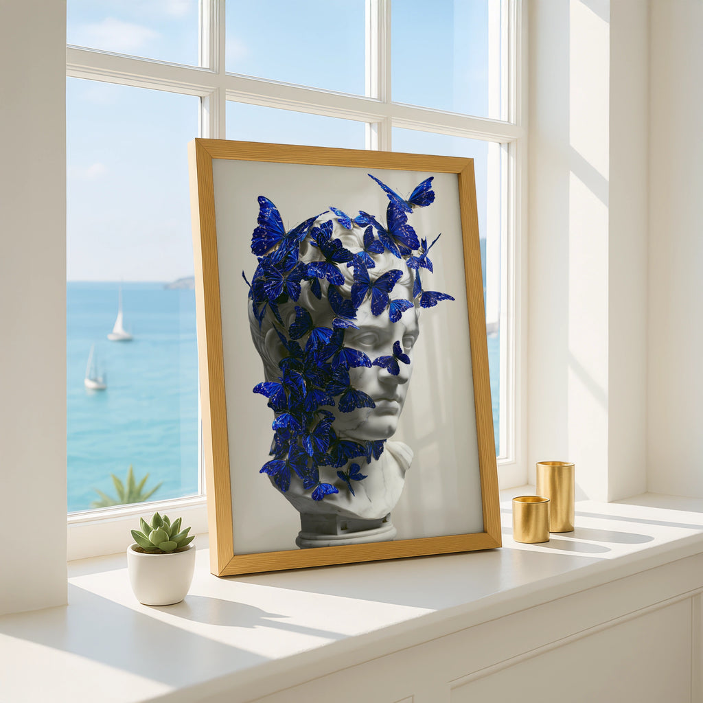 Roman Bust Blue Butterflies Poster, Classical Sculpture Wall Art Print