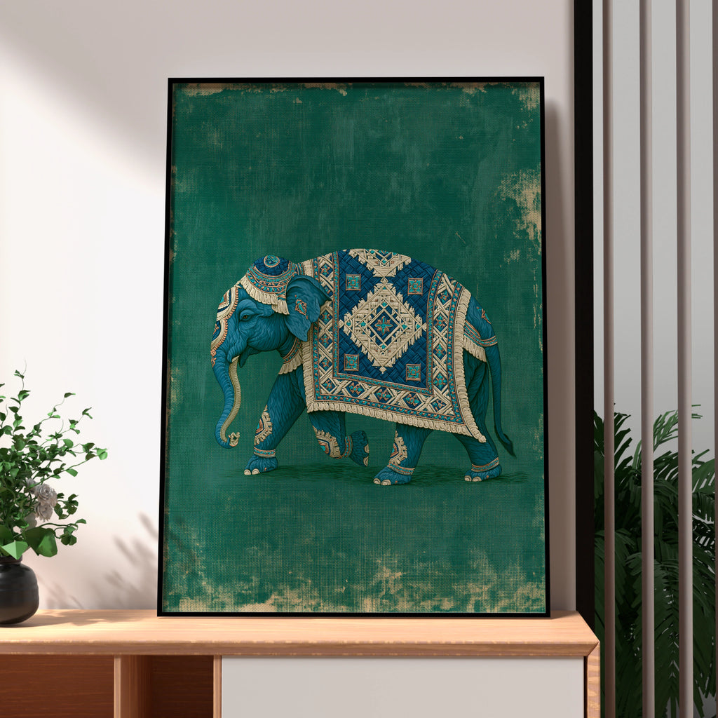 Decorated Elephant Procession Poster, Teal Blue Ornate Indian Art Print