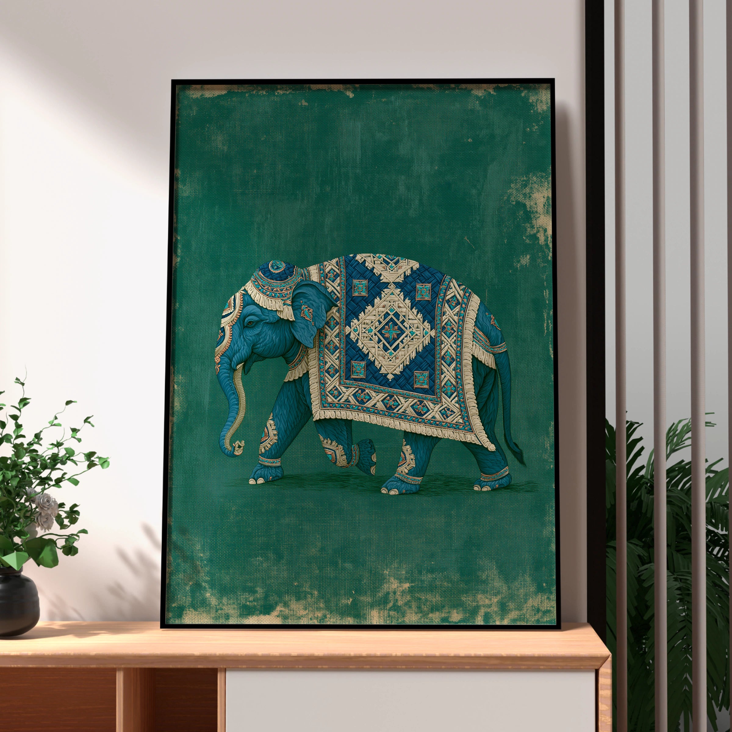 Decorated Elephant Procession Poster, Teal Blue Ornate Indian Art Print