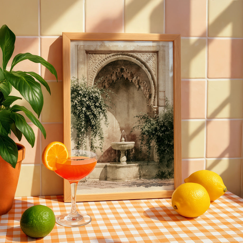 Moorish Courtyard Fountain Poster, Arabic Arch Wall Art, Watercolour Style