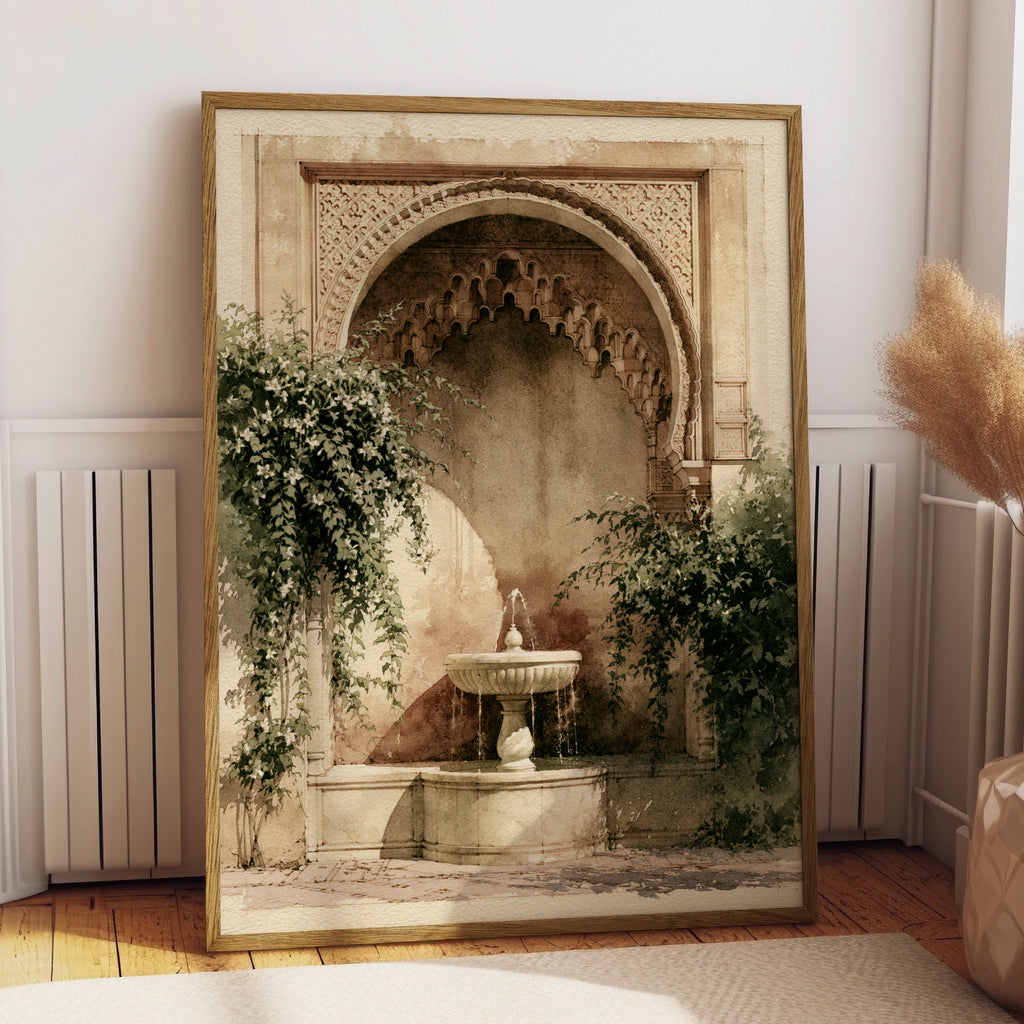Moorish Courtyard Fountain Poster, Arabic Arch Wall Art, Watercolour Style