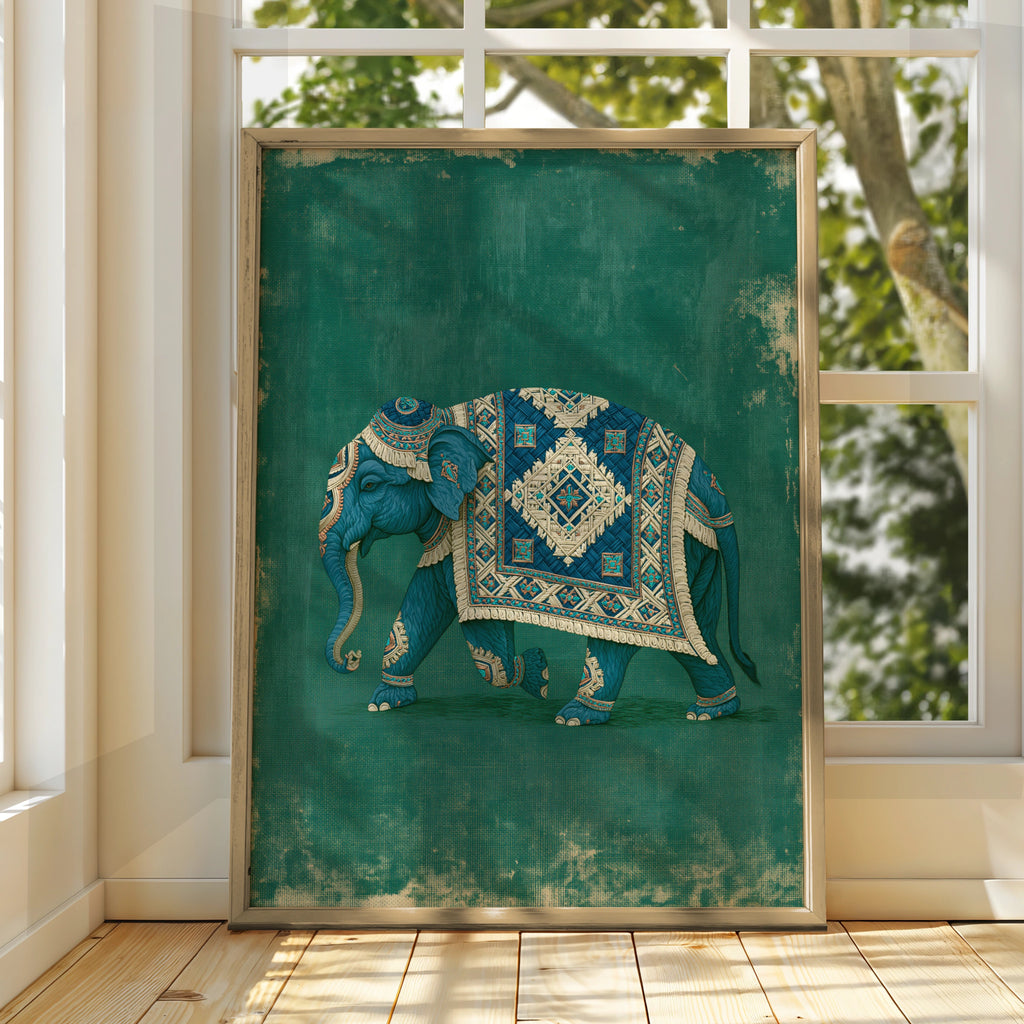 Decorated Elephant Procession Poster, Teal Blue Ornate Indian Art Print